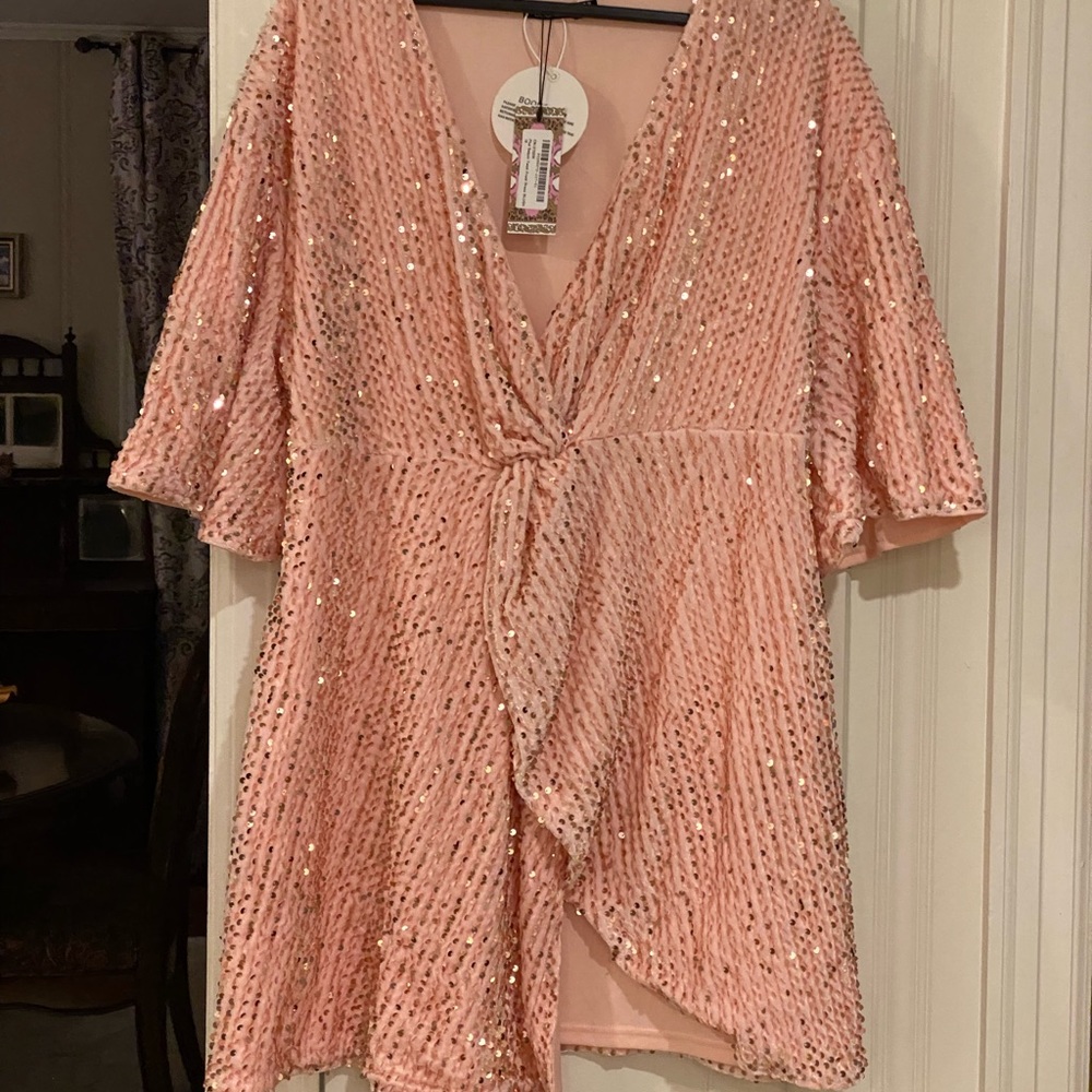 Plus Sequin Twist Front Dress (Blush)